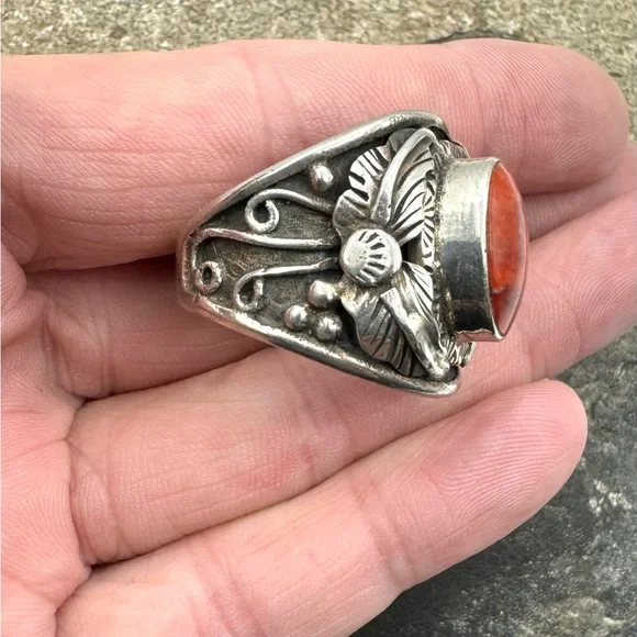 Signed M Navajo Native American Sterling Silver Red Spiny Oyster Mens Ring 12 - Picture 4 of 7
